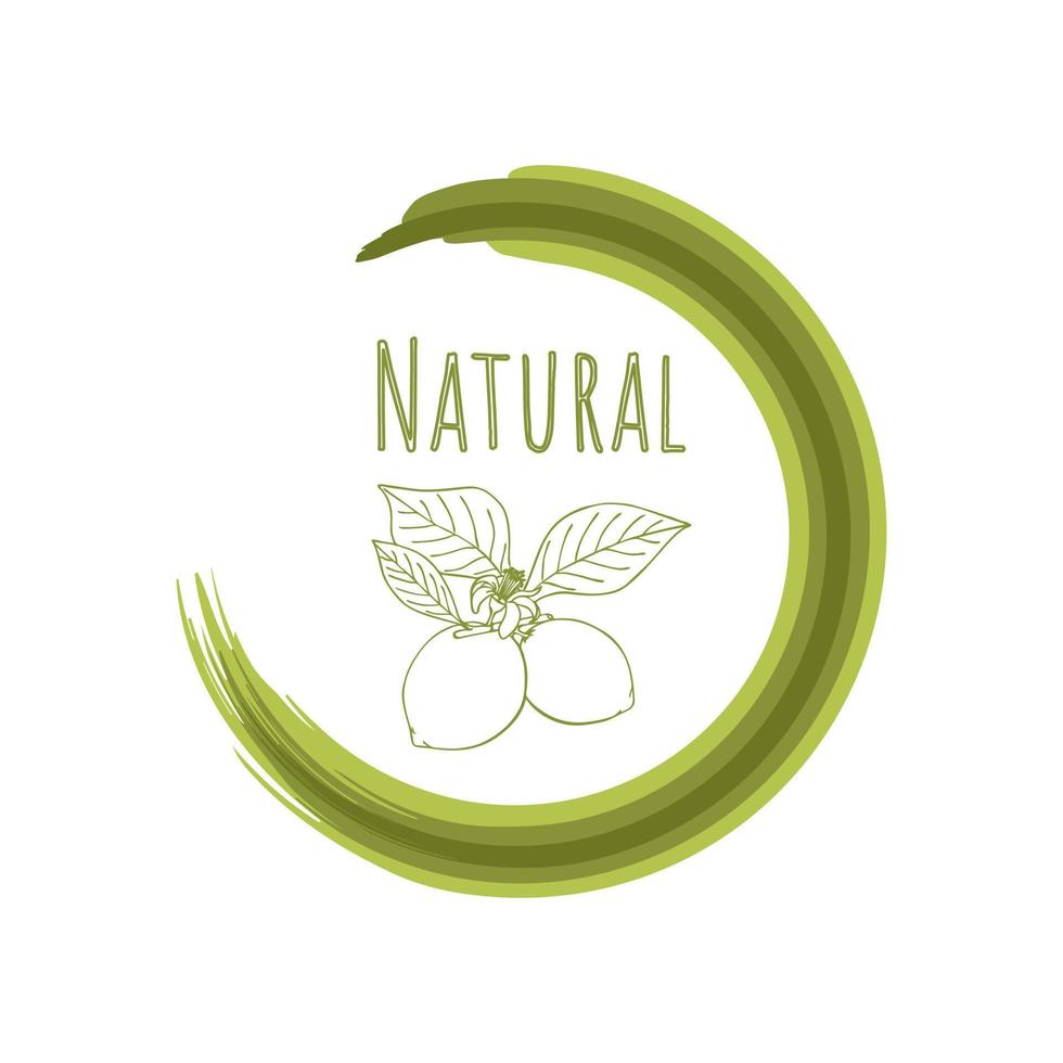 Natural product, lemon doodle, environmentally friendly healthy food. Round sign, logo. Vector authors brush. Vector