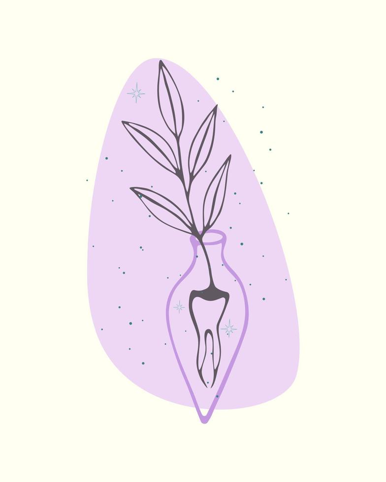 Potion magic bottle root tooth mandrake witchcraft magic, doodle boho style. vector