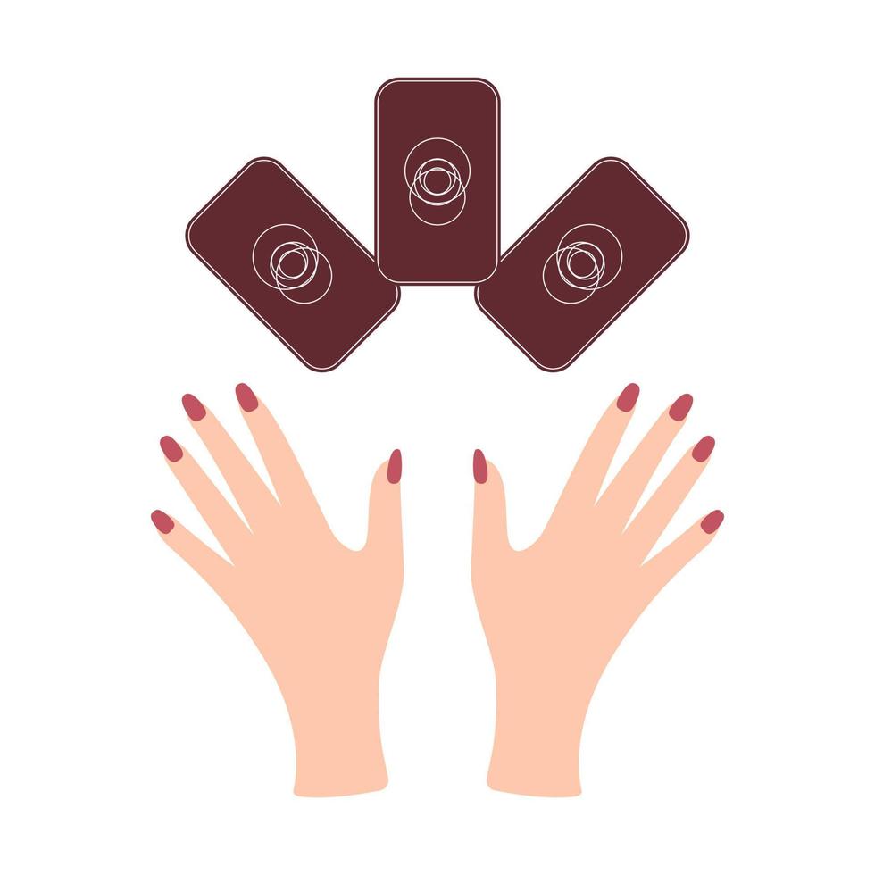 Hands with tarot cards. Magic symbols. Flat and cartoon style. For print design, tattoo, stickers. Vector illustration