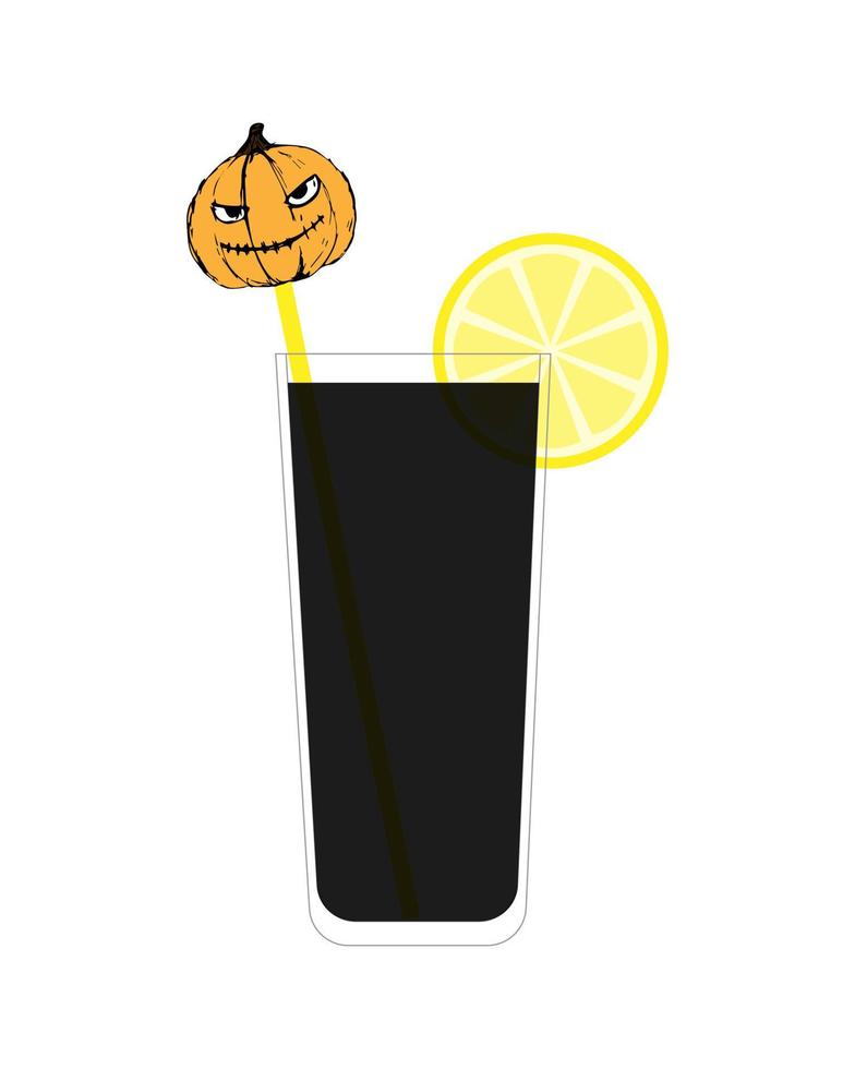 Black lemonade halloween holiday with lemon and pumpkin. Pumpkin handmade author drawing, element for your design, isolated, white background. Vector