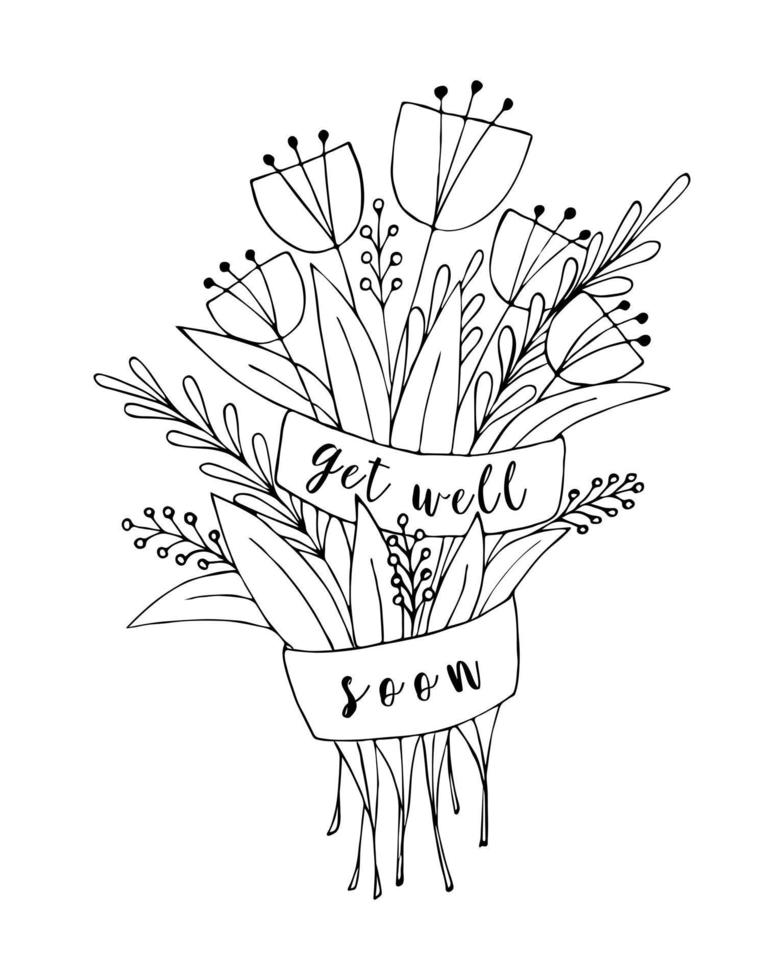 Bouquet of flowers doodle with the inscription Get Well Soon, greeting card, wish of health. Doodling flowers, hand-drawing, white background. Vector i