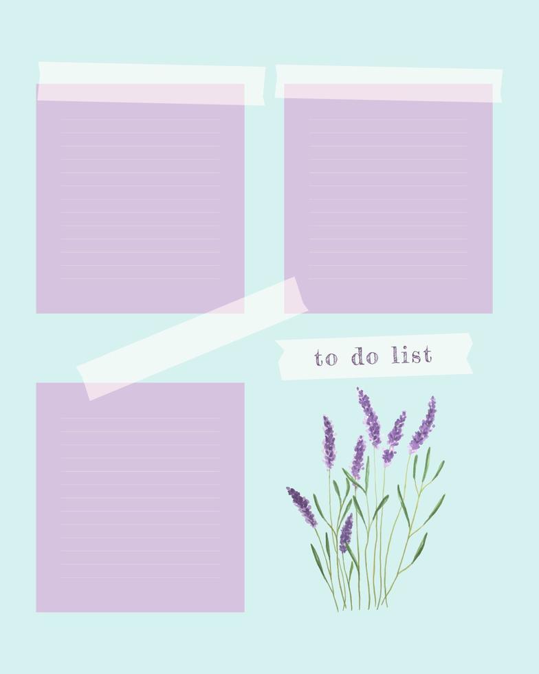 To do list , planner note-taking planner, collage witch lavender watercolor. Lined field for notes, ideas, plans, to-do list, reminders. vector