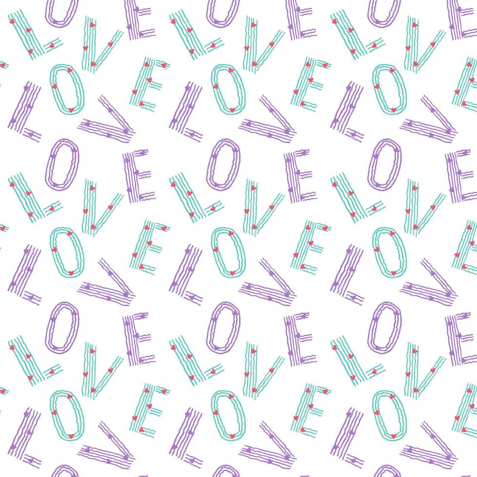 Seamless abstract pattern with letters LOVE, hearts, hand drawing, blue and lilac color, white background. Vector