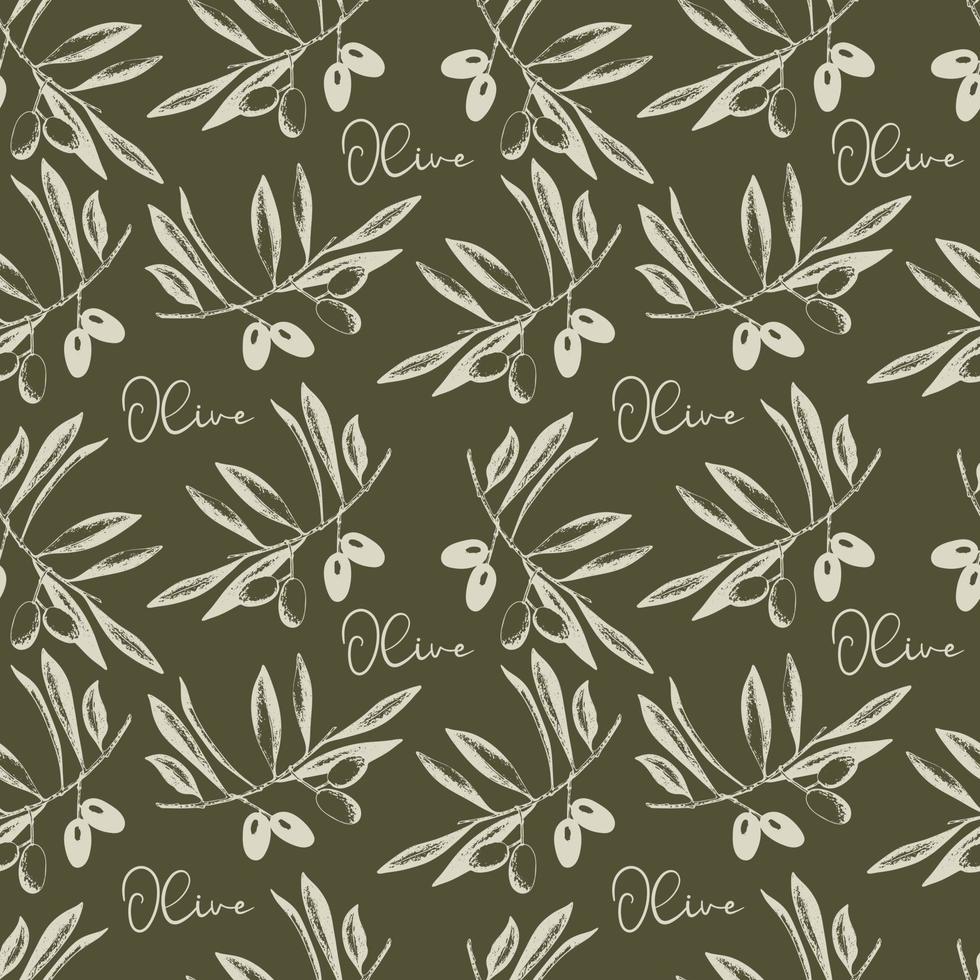 Olives branch with fruits and leaves Seamless pattern, imprint, stamp, sketch. Vector