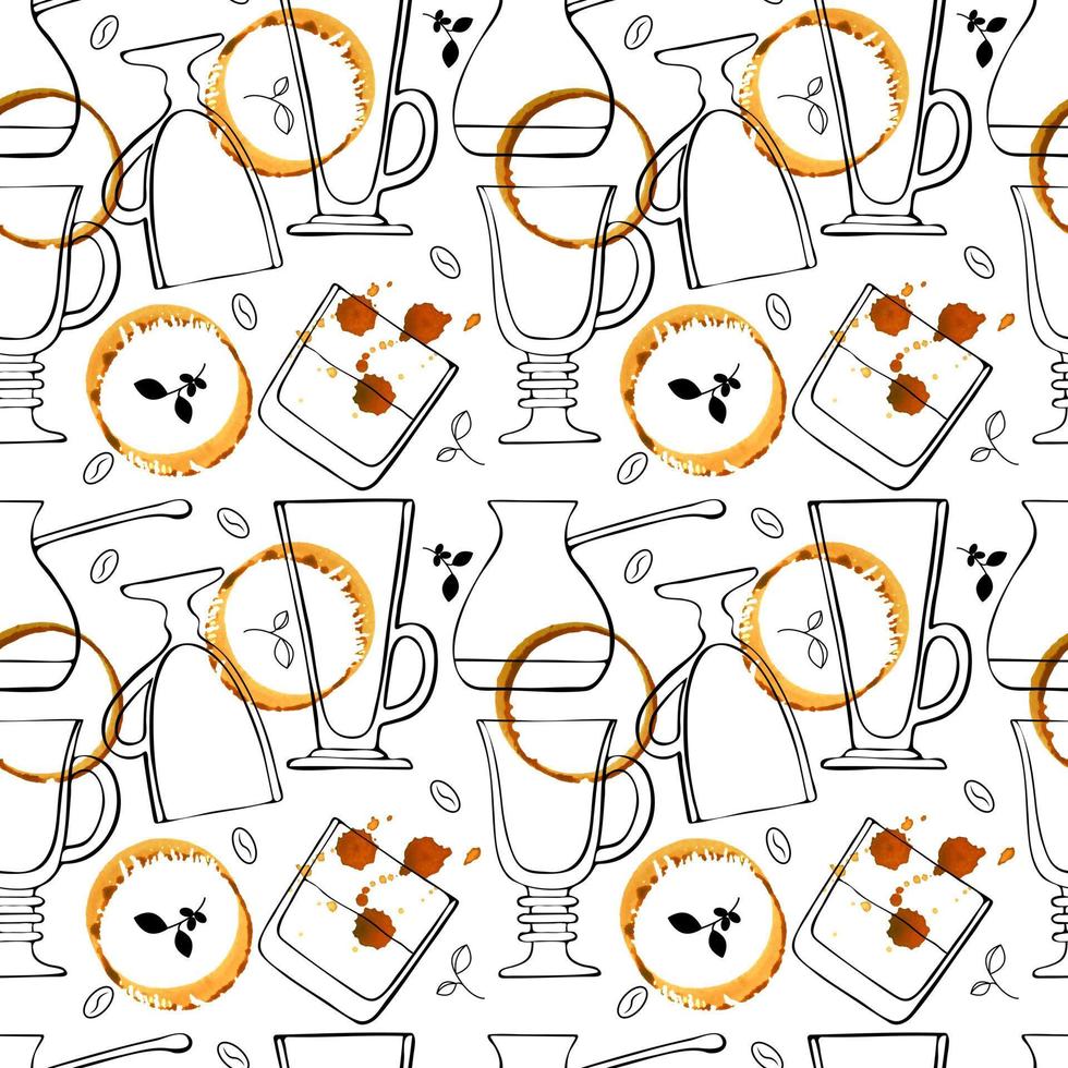 Patter doodling glasses for coffee drinks and whiskey, latte, Irish coffee, coffee turkey, beans and coffee sprigs and color watercolor stains, hand drawing. Vector