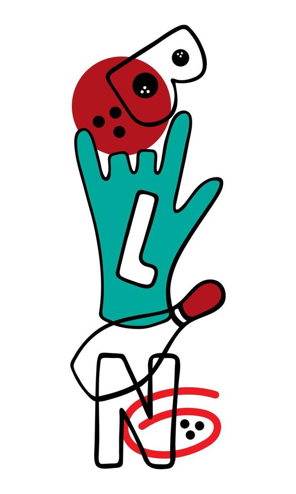 Bowling inscription with isolated elements, slide, pyramid of game items, glove, ball, skittles, hand drawing doodling. Vector i