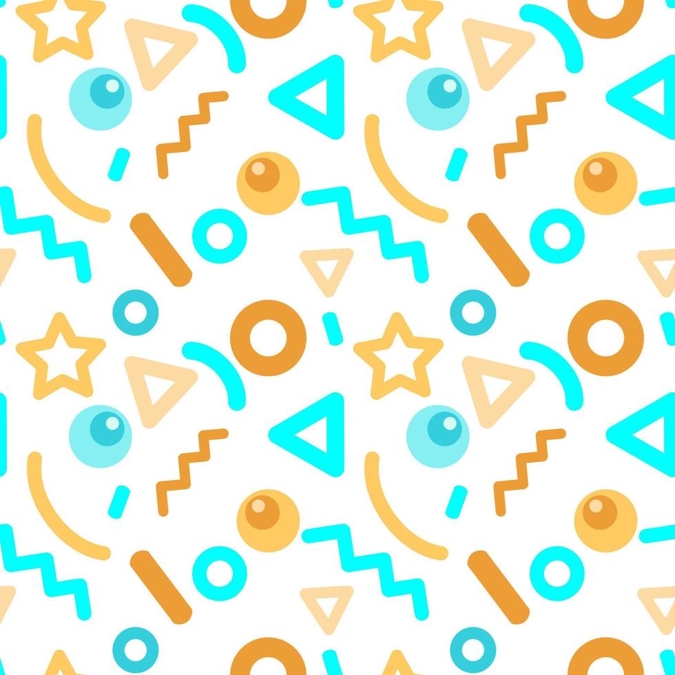 Colorful bright pattern with abstract shapes on a white background, Memphis style, circles, triangles, stars, sticks, ball. Backgrounds. Vector