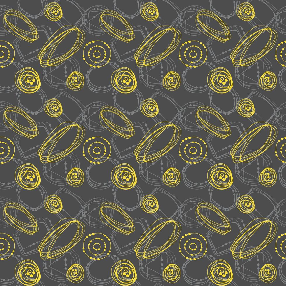 Seamless abstract doodles pattern, hand drawing, yellow and gray color doodles, grey background. Vector illustration