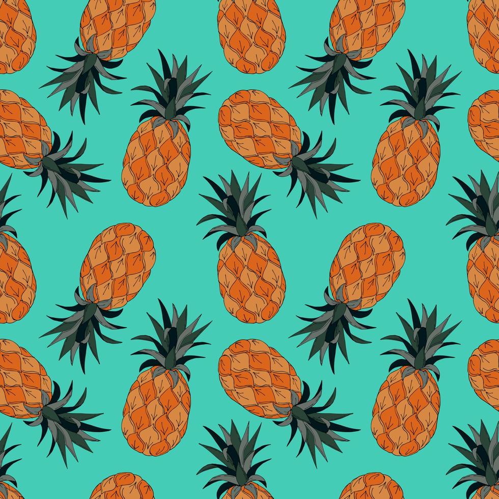 Seamless pattern with pineapples, hand-drawing doodling, blue background. For textile backdrop background cover packaging banner. Vector