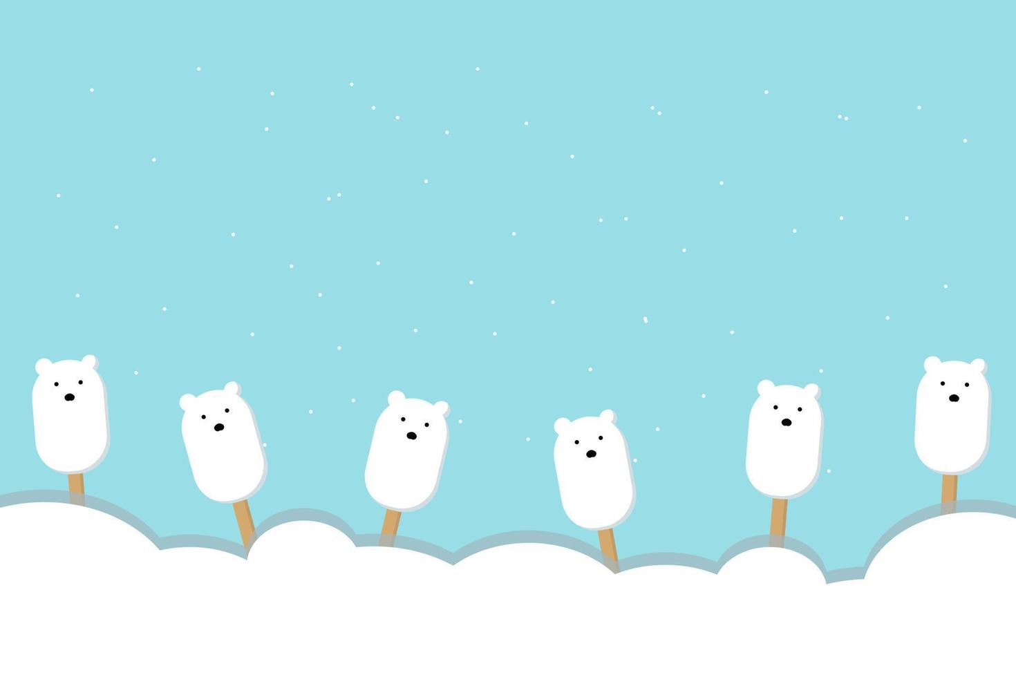 Banner ice cream Polar bear on a wooden stick, snow, snowflakes. Flat style. The shape of a polar bear, on a blue background. Wrap, template, background, backdrop, advertisement. Vector