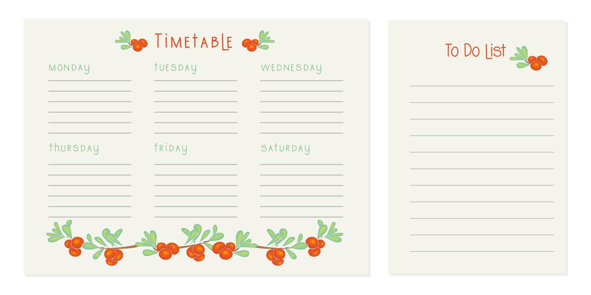Timetable , Class schedule, weekly calendar and to-do list. Weekly schedule. Organizer information template. Empty school timetable. Empty to-do list. Planning sheet planning. vector