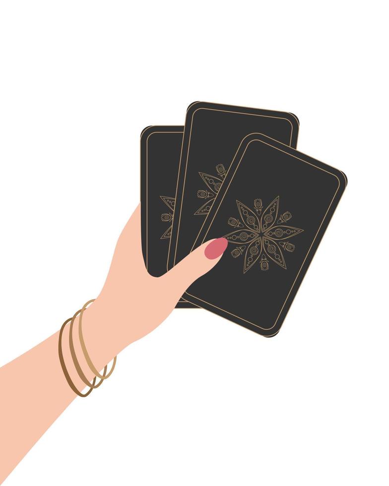 Female hand holds magic cards for tarot, boho, symbol, fortune telling and predictions. Vector illustration isolated on white background. Vector