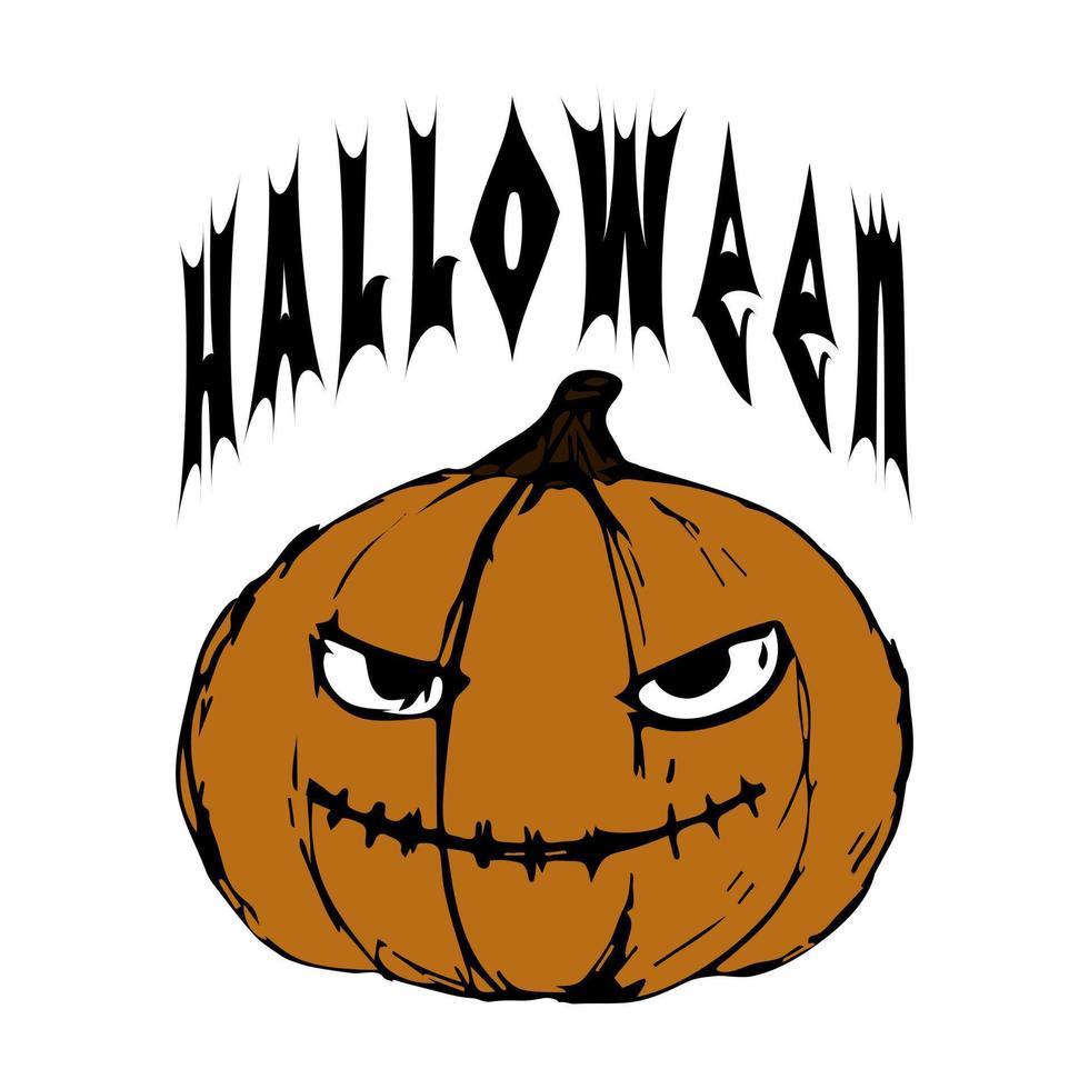 Letras negras de Halloween, dibujo a mano de calabaza horrible y aterrador naranja. para la festividad de halloween, para el diseño de una postal, telón de fondo, pancarta, fondo. ilustración vectorial vector