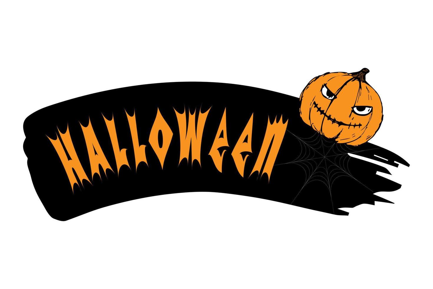 inscripción halloween en un fondo negro, red de telaraña, dibujo a mano de calabaza naranja horrible. para fiesta, postal, pancarta, invitación, telón de fondo, fondo. vector