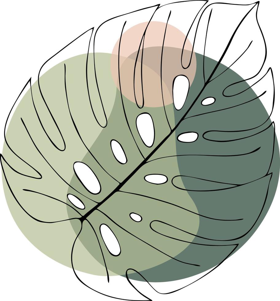 Monstera leaf in black outline with abstract green beige spots, hand-drawn, doodling style. Vector