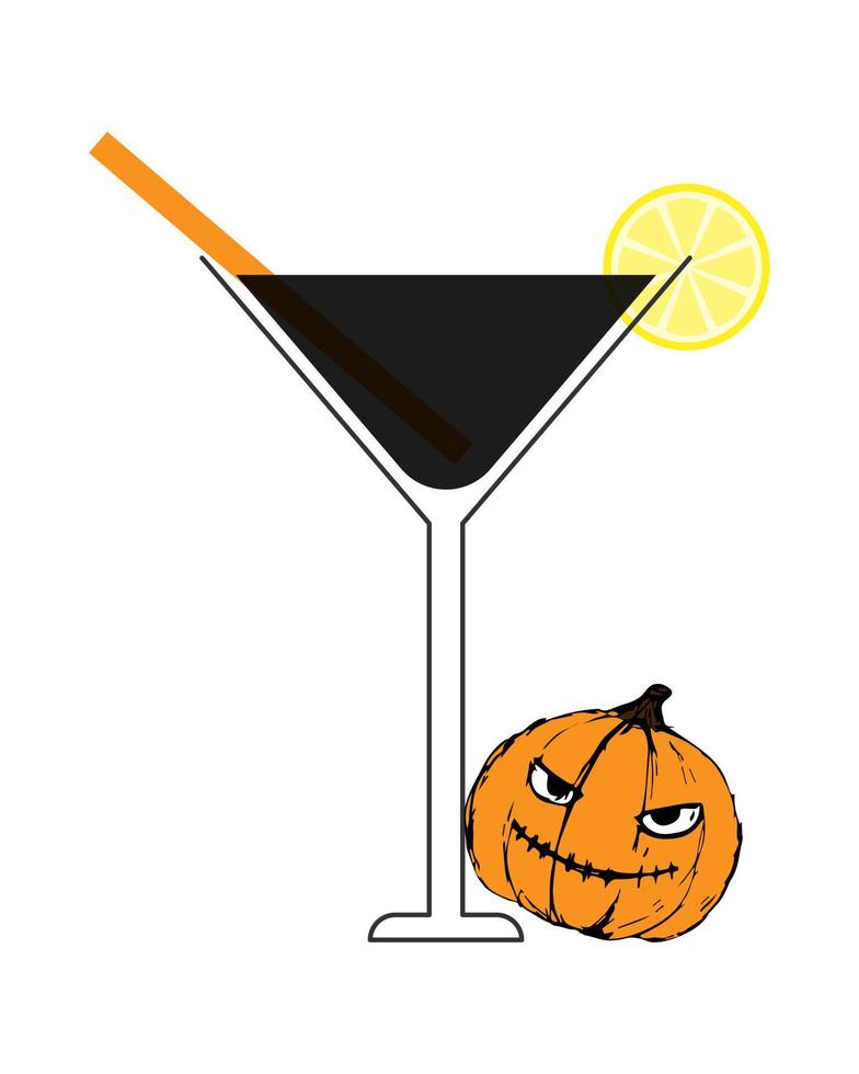 Black lemonade, Martini halloween holiday with lemon and pumpkin. Pumpkin handmade author drawing, element for your design, isolated, white background. Vector