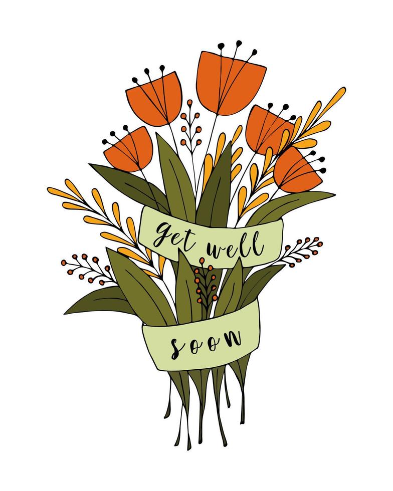 Bouquet of flowers doodle with the inscription Get Well Soon, greeting card, wish of health. Doodling flowers, hand-drawing, white background. Vector