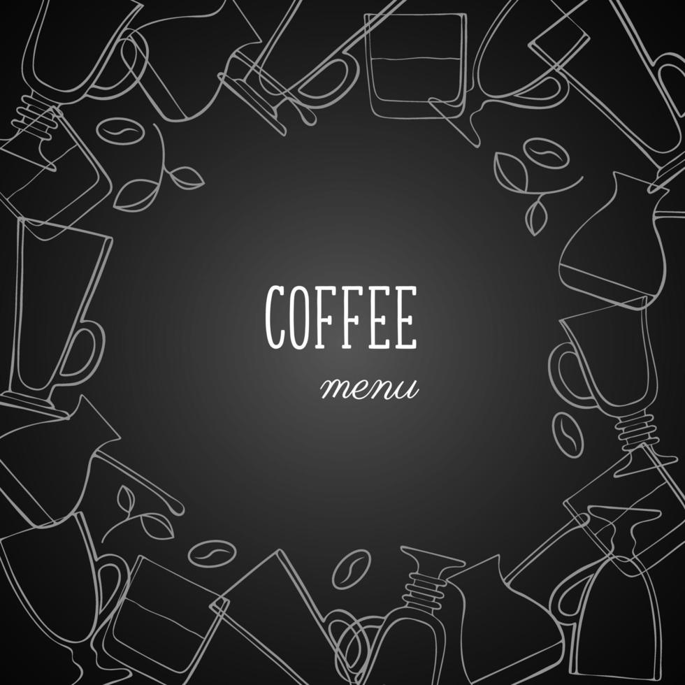 Coffee menu board, banner, cups mugs cappuccino glasses whiskey coffee maker coffee grinder beans, white chalk outline doodle drawings. vector