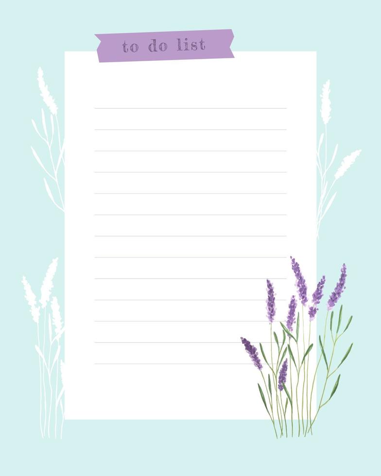 lista de tareas, planificador para tomar notas, acuarela de lavanda de bruja de collage. campo rayado para notas, ideas, planes, lista de tareas pendientes, recordatorios. vector