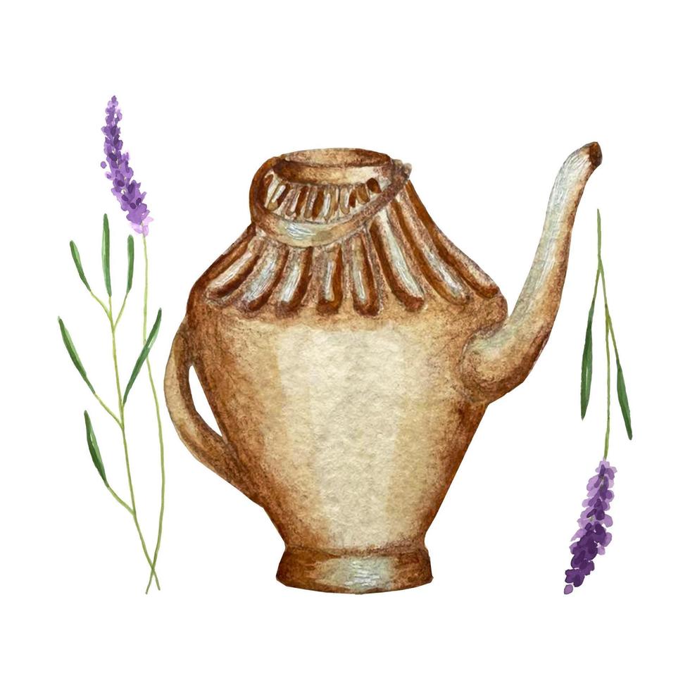 lata de riego de jardín y ramitas de dibujo a mano de acuarela de lavanda, aislado, sobre un fondo blanco. vector