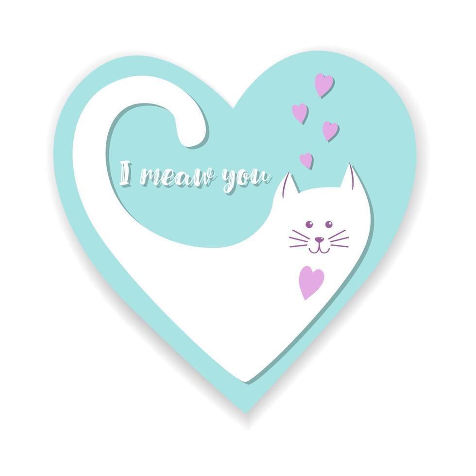 Cat and heart I meow you postcard, sticker, Valentines day, love, wedding, congratulations. Isolated, with shadow, white background. vector