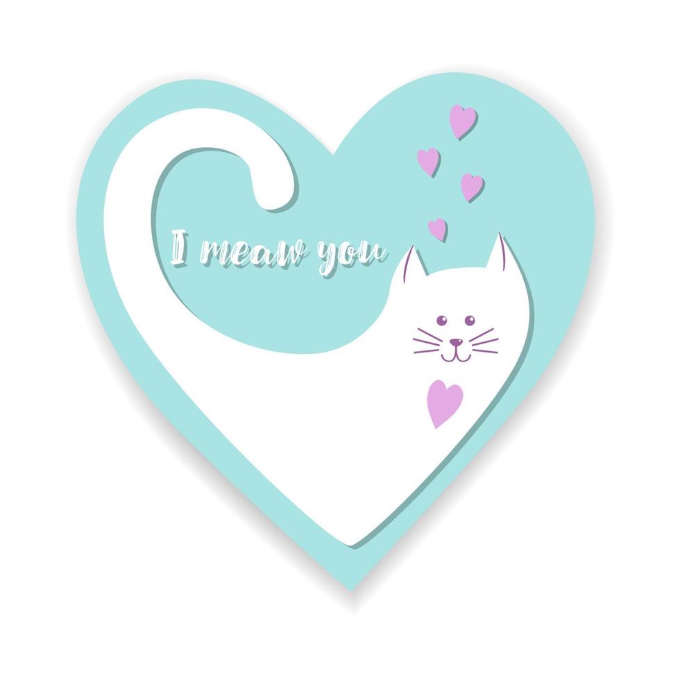 gato y corazón te maullo postal, pegatina, día de san valentín, amor, boda, felicitaciones. aislado, con sombra, fondo blanco. vector