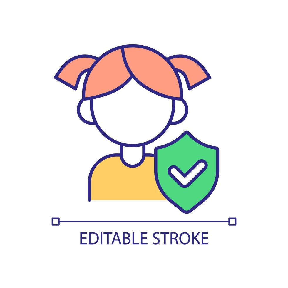 Children safety program RGB color icon. Little girl and shield. Kids protection strategy. Isolated vector illustration. Simple filled line drawing. Editable stroke.