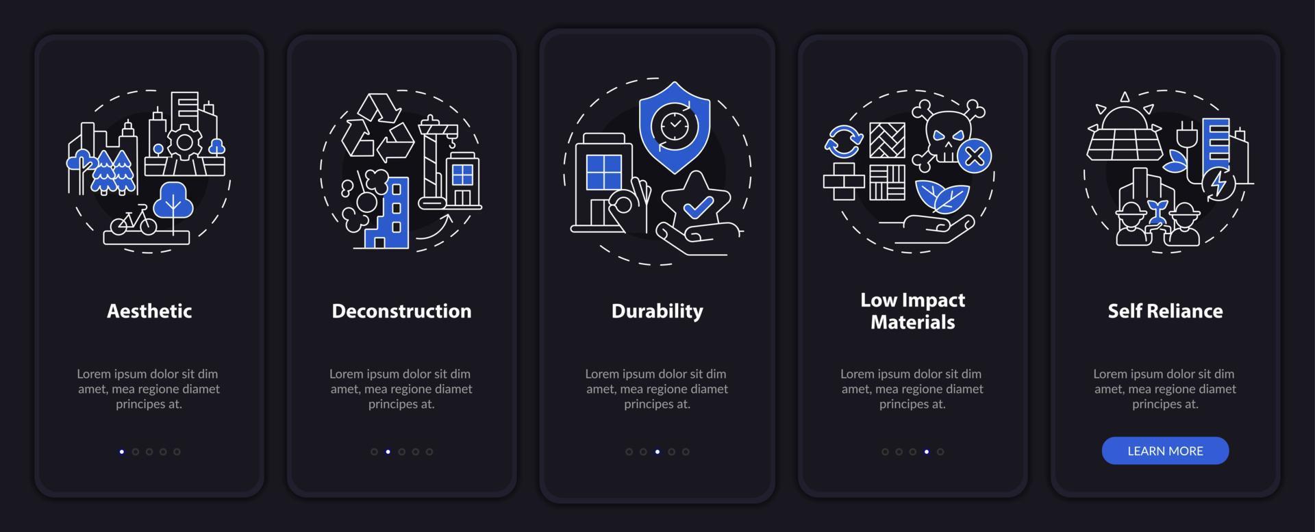 Sustainable city design night mode onboarding mobile app screen. Urban walkthrough 5 steps graphic instructions pages with linear concepts. UI, UX, GUI template. vector