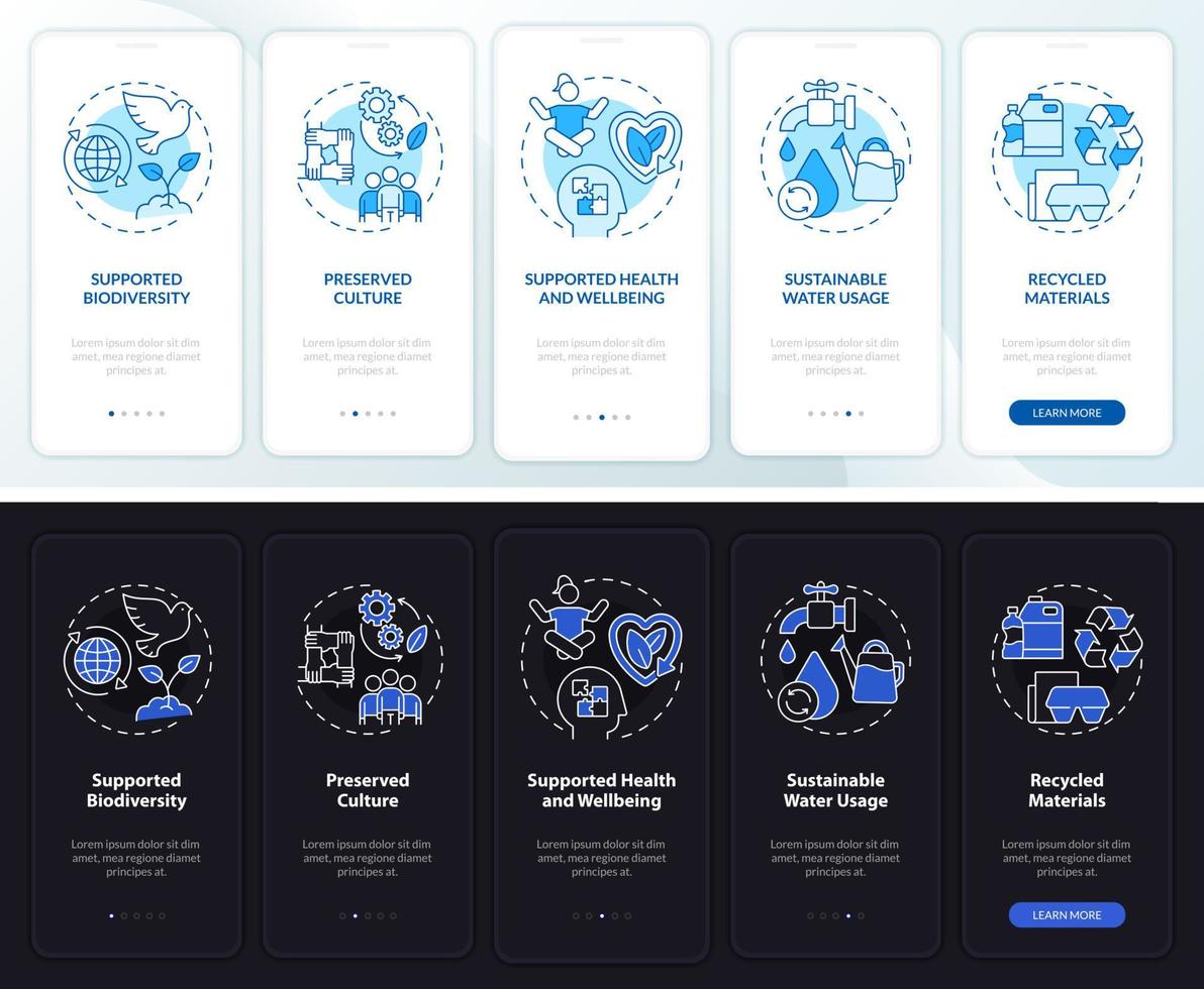 Circular economy pillars night and day mode onboarding mobile app screen. Walkthrough 5 steps graphic instructions pages with linear concepts. UI, UX, GUI template. vector