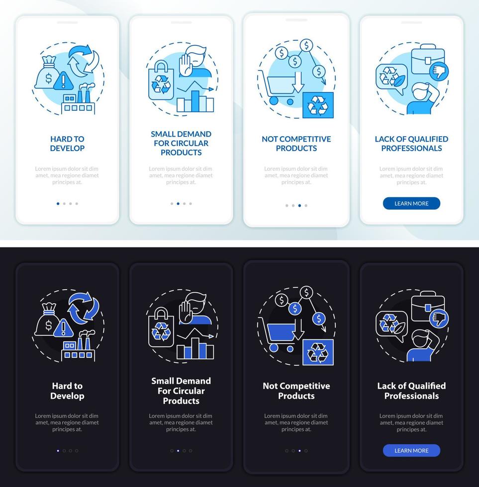 Circular economy hitches night and day mode onboarding mobile app screen. Walkthrough 4 steps graphic instructions pages with linear concepts. UI, UX, GUI template. vector