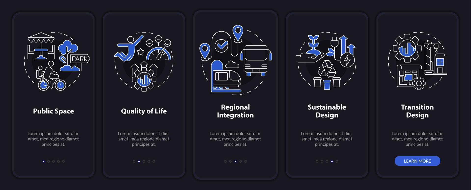 Principles of urban design night mode onboarding mobile app screen. Life walkthrough 5 steps graphic instructions pages with linear concepts. UI, UX, GUI template. vector