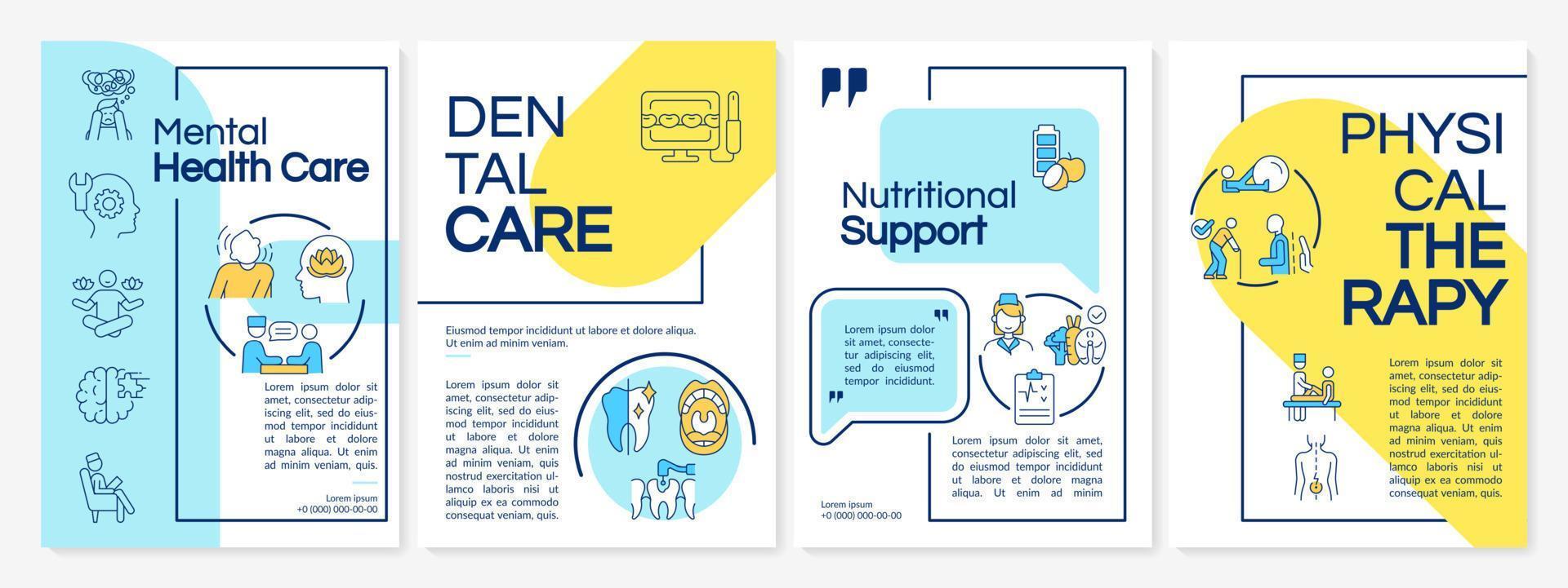 Medical services blue and yellow brochure template. Patients care. Leaflet design with linear icons. 4 vector layouts for presentation, annual reports.
