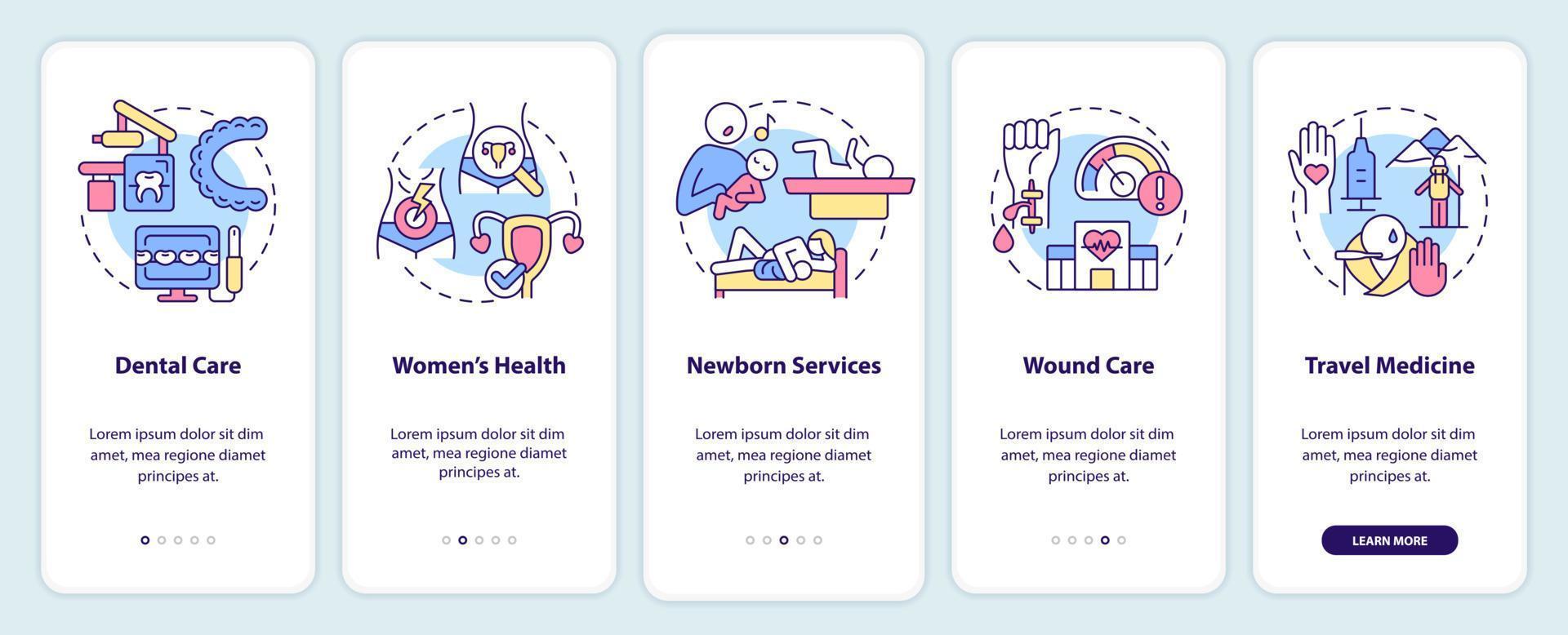 Healthcare services onboarding mobile app screen. Patient care walkthrough 5 steps graphic instructions pages with linear concepts. UI, UX, GUI template. vector