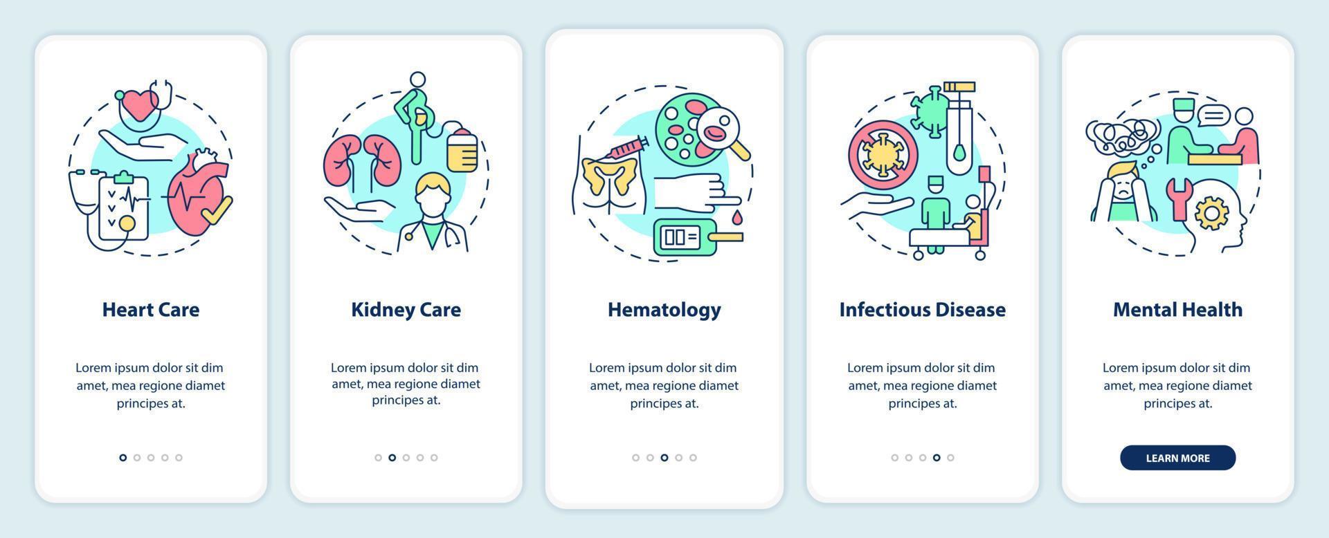 proporcionando servicios médicos incorporando la pantalla de la aplicación móvil. tutorial de medicina 5 pasos páginas de instrucciones gráficas con conceptos lineales. interfaz de usuario, ux, plantilla de interfaz gráfica de usuario. vector