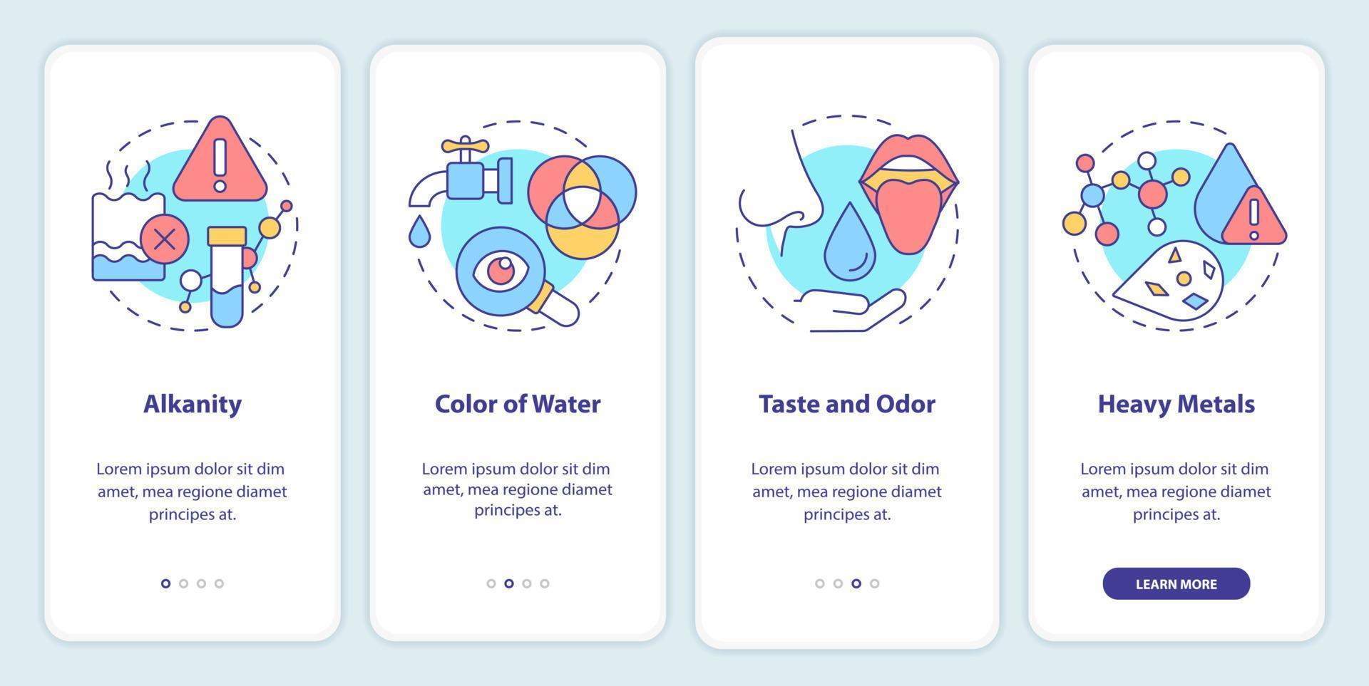 indicadores de calidad del agua incorporados en la pantalla de la aplicación móvil. tutorial de color y gusto en 4 pasos, páginas de instrucciones gráficas con conceptos lineales. interfaz de usuario, ux, plantilla de interfaz gráfica de usuario. vector