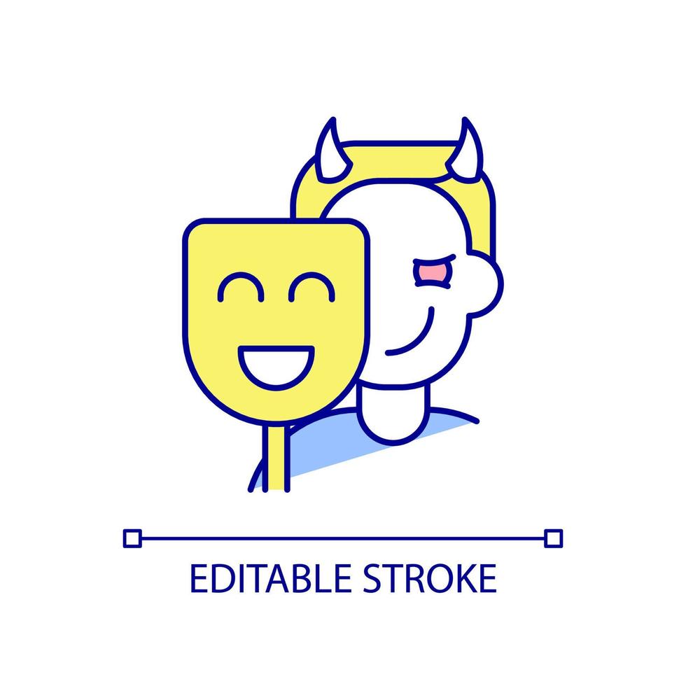 Liar RGB color icon. Dishonest person. Aggressive and evil kid. Child wearing mask and cheating. Isolated vector illustration. Simple filled line drawing. Editable stroke.