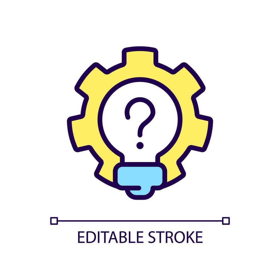 Creative question RGB color icon. Lightbulb and cogwheel. Invention work and innovation idea. Isolated vector illustration. Simple filled line drawing. Editable stroke.