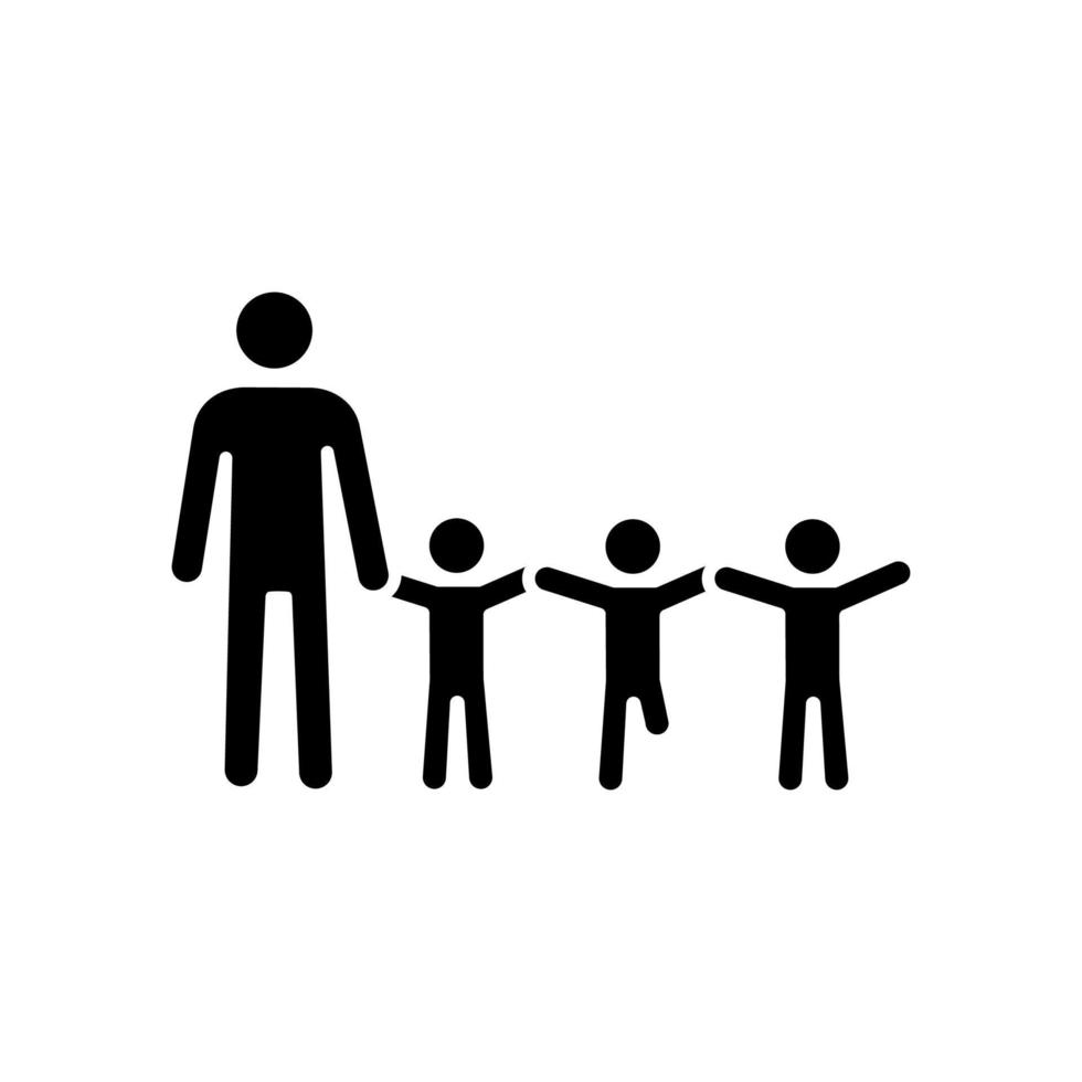 Inclusive education teacher black glyph icon. Teach kid with disability. Common environment. Integration and equality. Silhouette symbol on white space. Solid pictogram. Vector isolated illustration