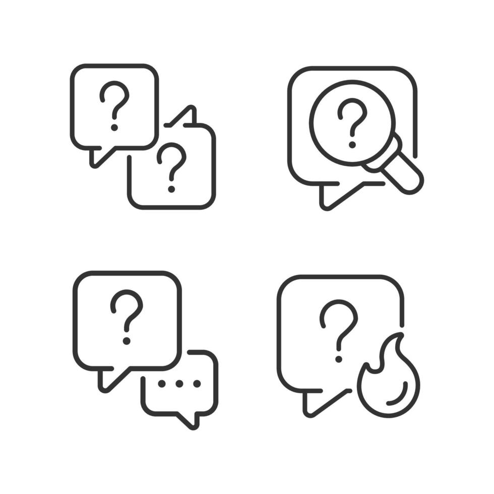Question marks and speech bubbles linear icons set. Answers and information storage. Dialogue building. Customizable thin line symbols. Isolated vector outline illustrations. Editable stroke