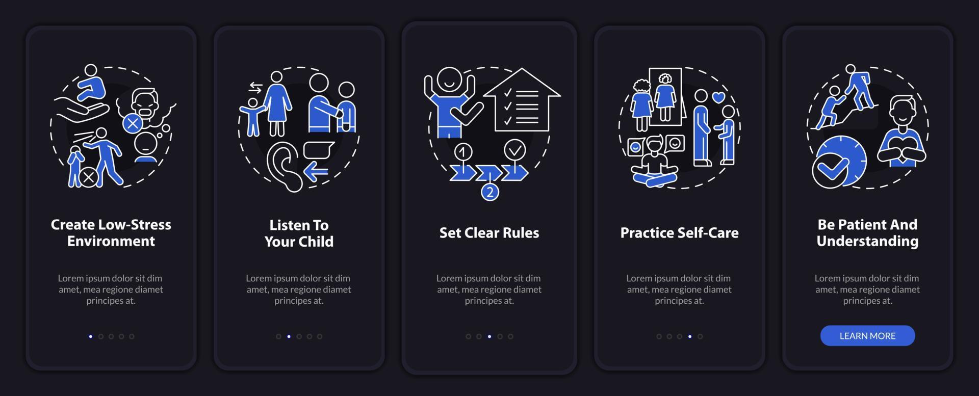 Sugerencia sobre el trastorno de conducta para la pantalla de la aplicación móvil de incorporación del modo nocturno de los padres. tutorial 5 pasos páginas de instrucciones gráficas con conceptos lineales. interfaz de usuario, ux, plantilla de interfaz gráfica de usuario. vector