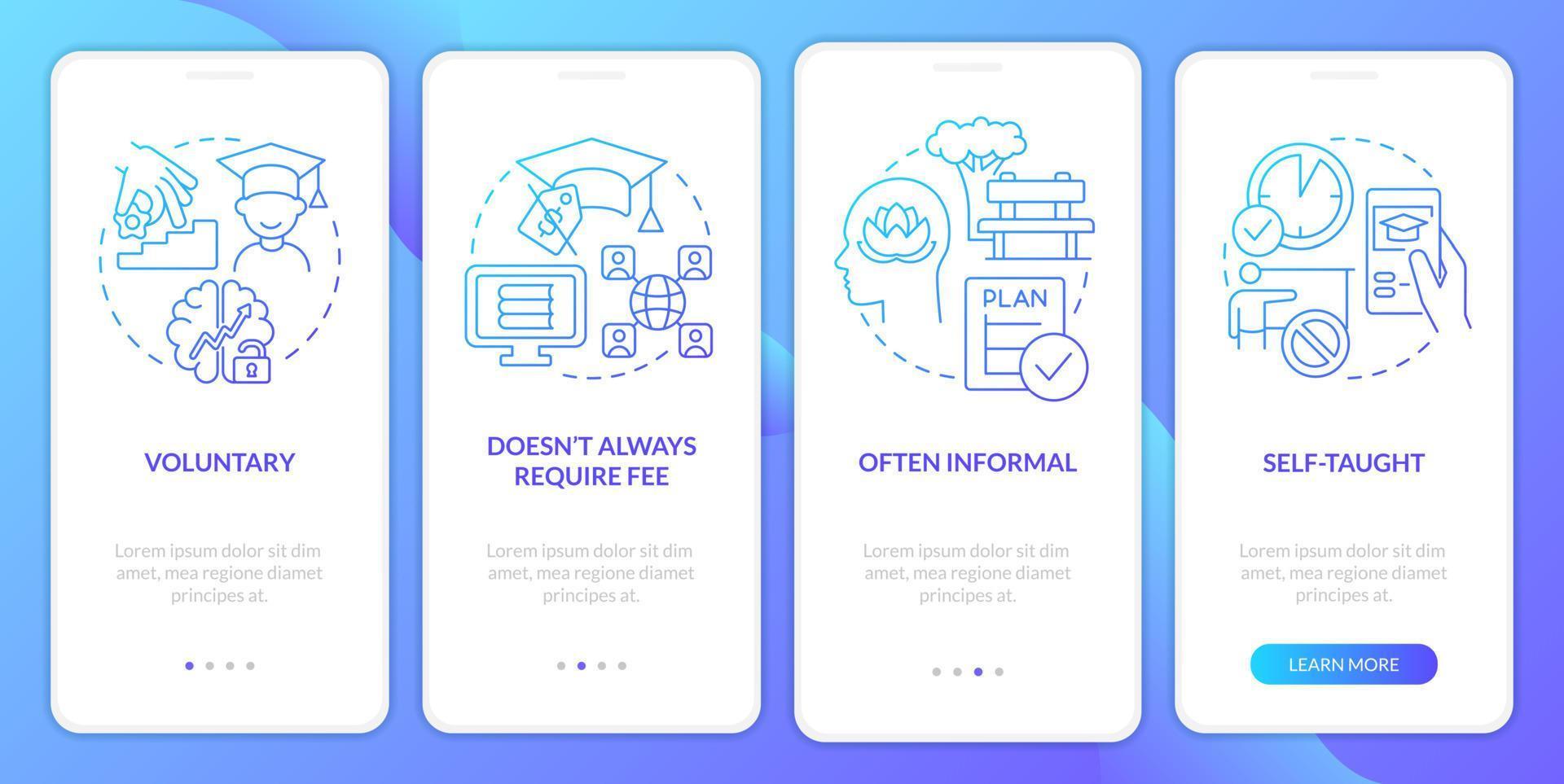 Lifelong learning features blue gradient onboarding mobile app screen. Walkthrough 4 steps graphic instructions pages with linear concepts. UI, UX, GUI template. vector