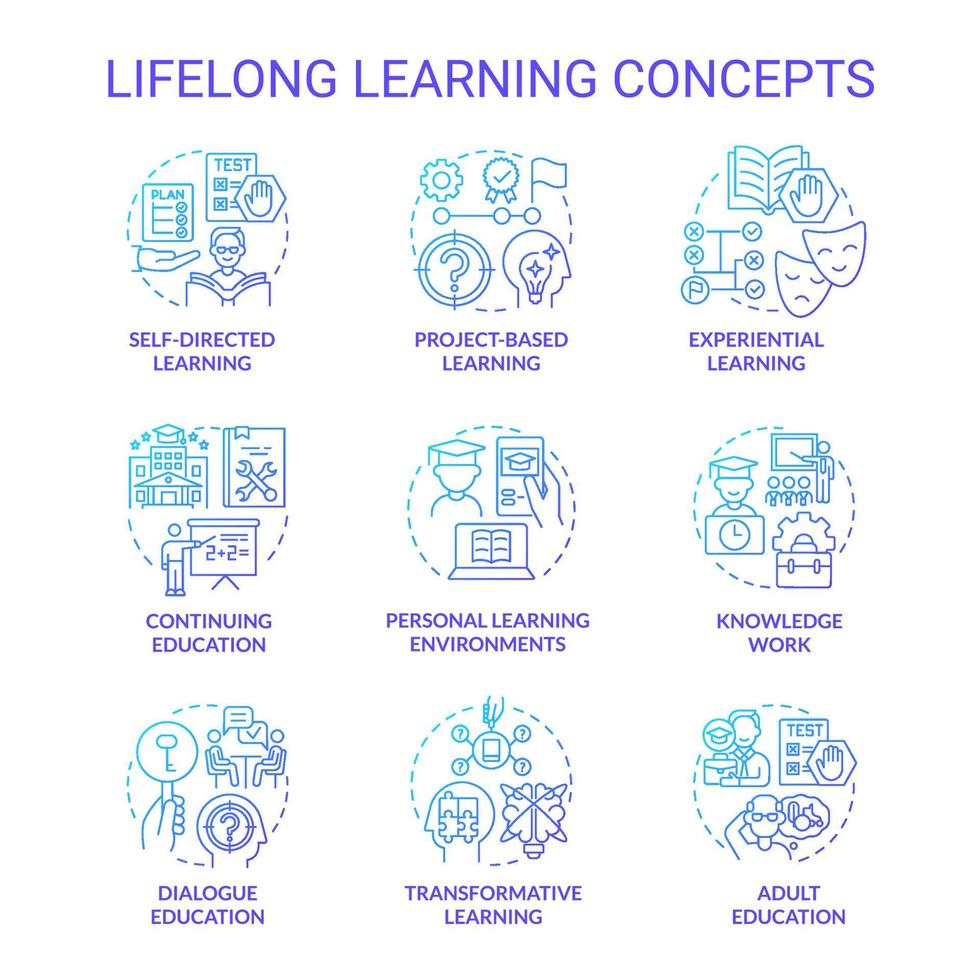 conjunto de iconos de concepto de gradiente azul de aprendizaje permanente. educación de adultos idea de desarrollo de habilidades ilustraciones en color de línea delgada. símbolos aislados. vector