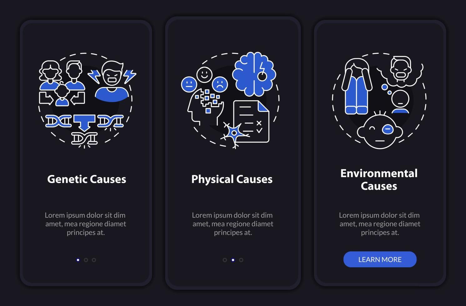 Conduct disorder causes night mode onboarding mobile app screen. Walkthrough 3 steps graphic instructions pages with linear concepts. UI, UX, GUI template. vector