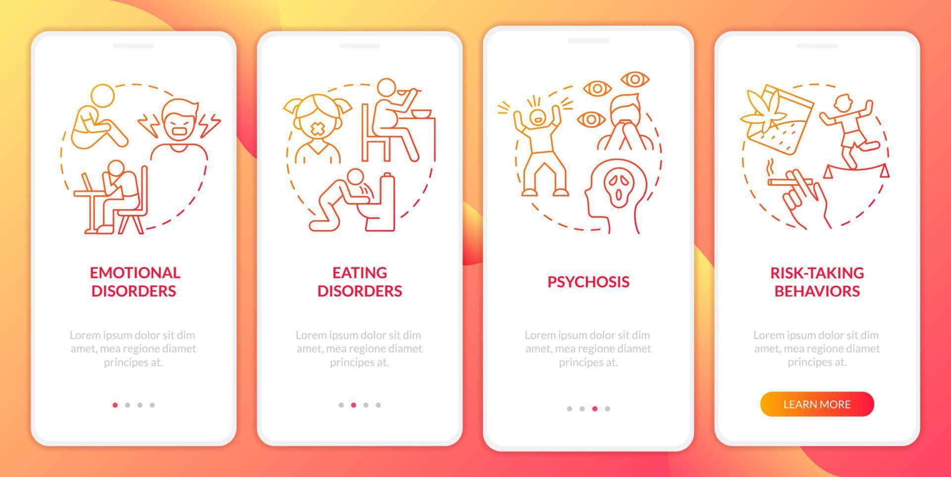 Teen mental disorders red gradient onboarding mobile app screen. Walkthrough 4 steps graphic instructions pages with linear concepts. UI, UX, GUI template. vector