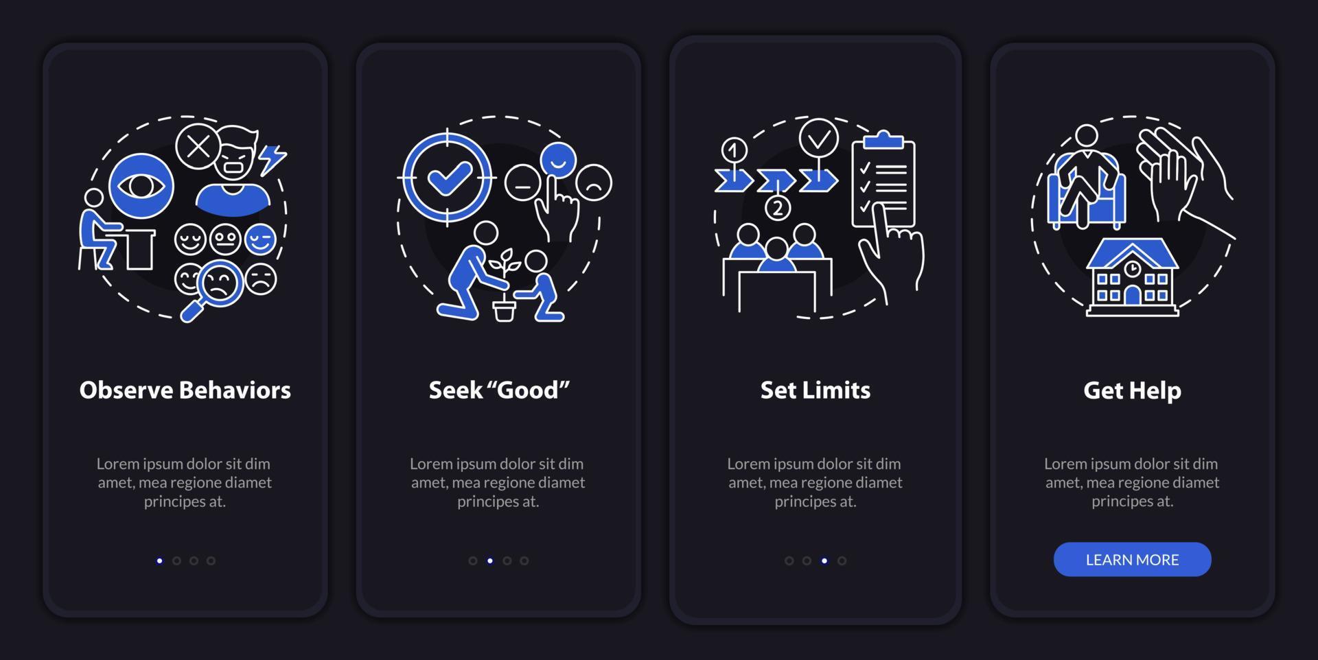 Conduct disorder tip for teacher night mode onboarding mobile app screen. Walkthrough 4 steps graphic instructions pages with linear concepts. UI, UX, GUI template. vector