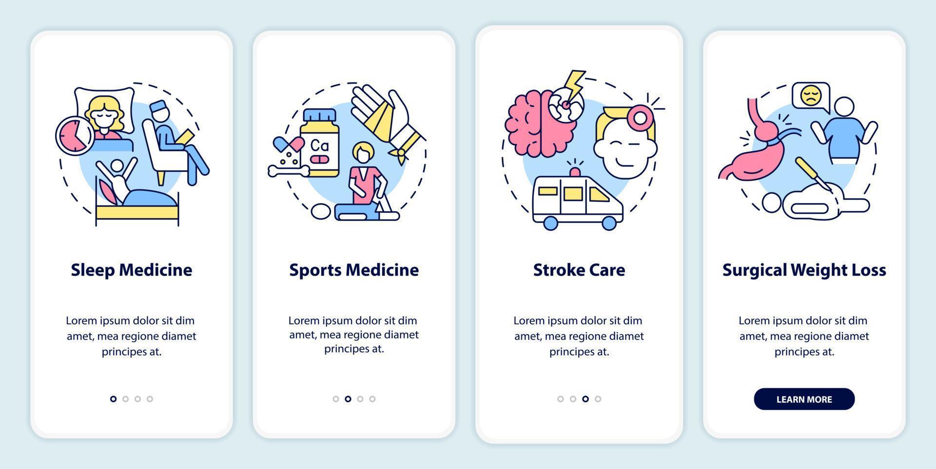 Services for patients onboarding mobile app screen. Medical care walkthrough 4 steps graphic instructions pages with linear concepts. UI, UX, GUI template. vector
