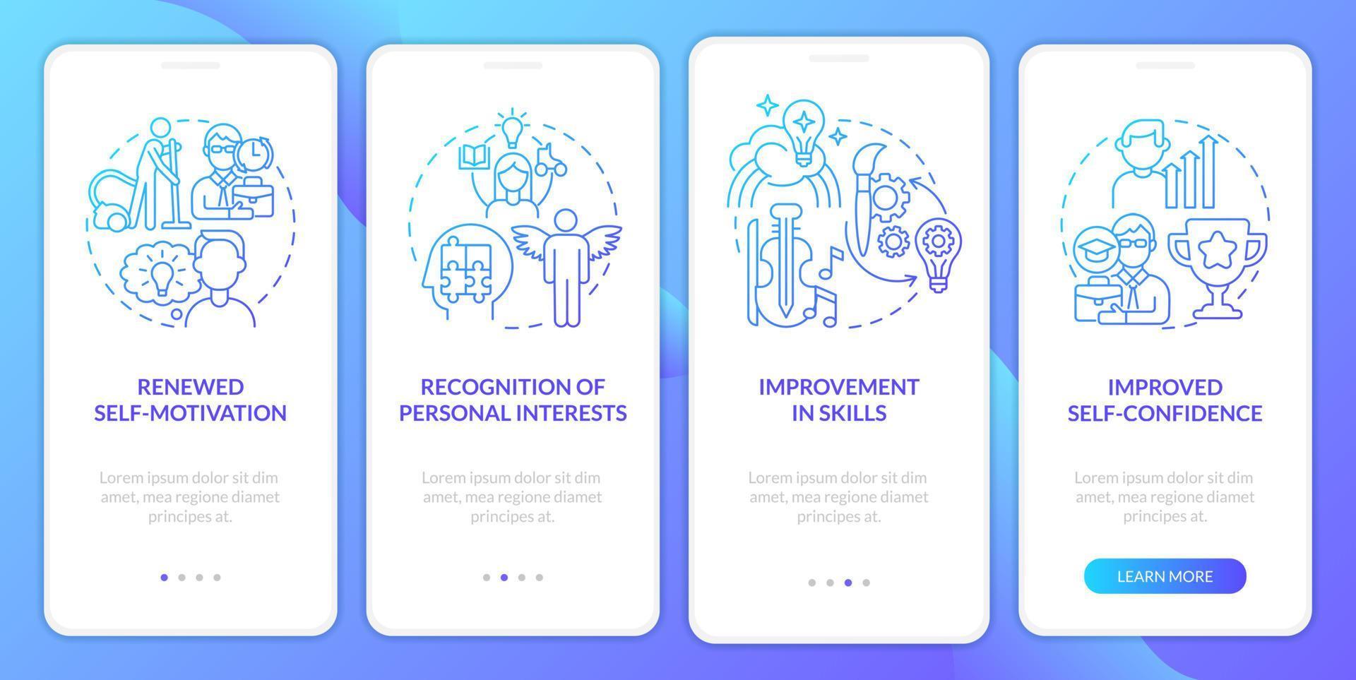 Lifelong learning benefits blue gradient onboarding mobile app screen. Walkthrough 4 steps graphic instructions pages with linear concepts. UI, UX, GUI template. vector