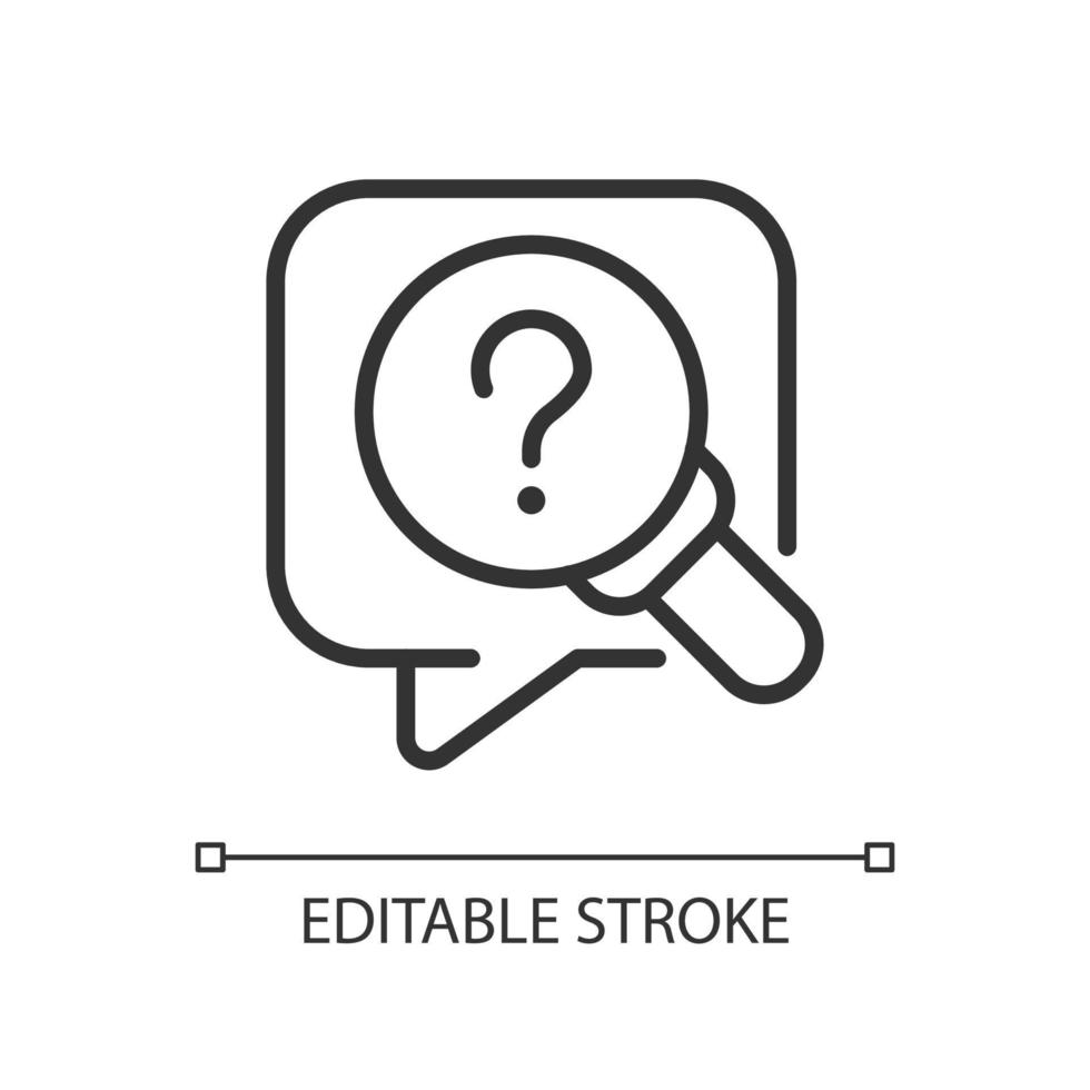 Research question linear icon. Looking for information. Question mark and magnifier glass. Thin line illustration. Contour symbol. Vector outline drawing. Editable stroke.