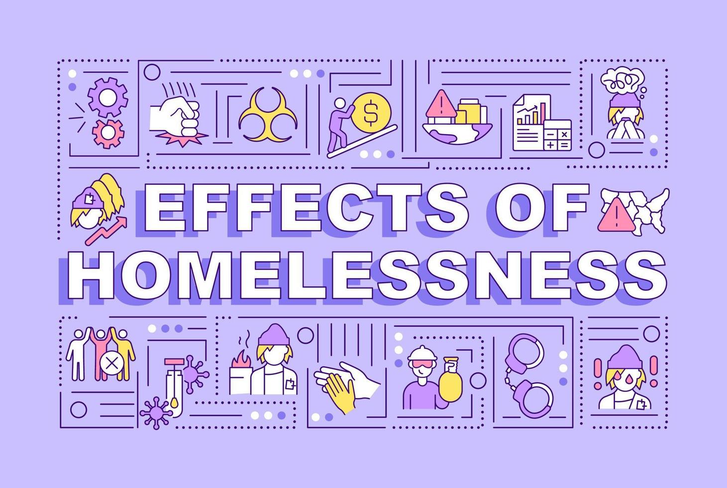 Effects of homelessness word concepts purple banner. Behavioral problems. Infographics with icons on color background. Isolated typography. Vector illustration with text.