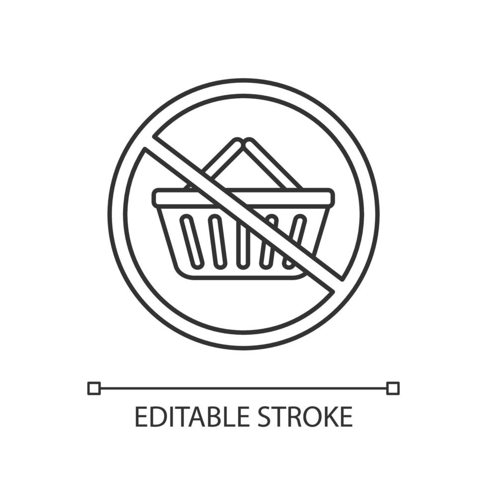 Buy less food products linear icon. Avoid overconsumption. Sustainable consumption. Grocery basket. Thin line illustration. Contour symbol. Vector outline drawing. Editable stroke.